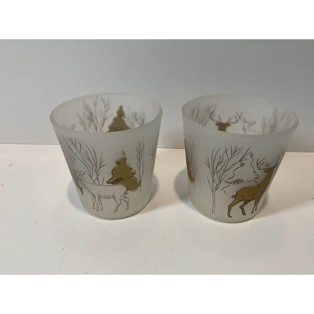 Set Of 2 Frosted Glass Votive Candle Holders Woodland Deer Winter‎ Scene